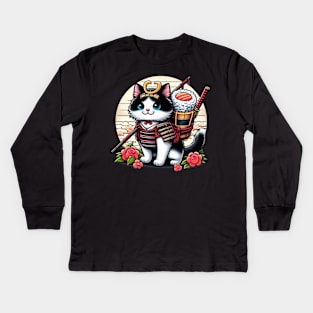 Women’s Happy Sushi Samurai Kawaii Anime Cat Kids Long Sleeve T-Shirt